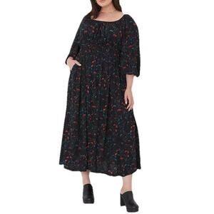 Lane Bryant Black Floral Maxi Dress Size 14 3/4 Sleeve Pockets Stretch NWT